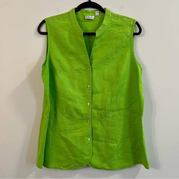 Women’s Kim Rogers green button front sleeveless linen blouse size Large L - Picture 1 of 4